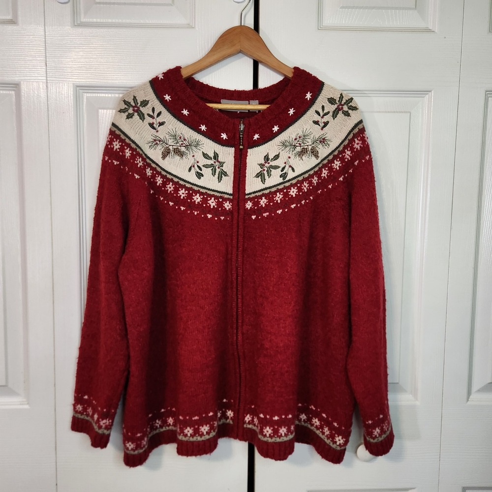 Croft & Barrow Red Silk Blend Holiday Embroidered Zip Up Cardigan Sweater 3X